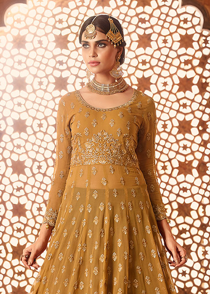 Mustard Yellow & Gray Designer Heavy Embroidered Georgette Anarkali Lehenga-Saira's Boutique