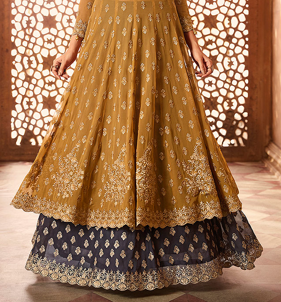 Mustard Yellow & Gray Designer Heavy Embroidered Georgette Anarkali Lehenga-Saira's Boutique