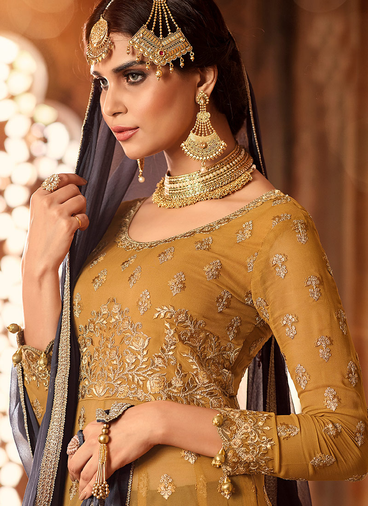 Mustard Yellow & Gray Designer Heavy Embroidered Georgette Anarkali Lehenga-Saira's Boutique