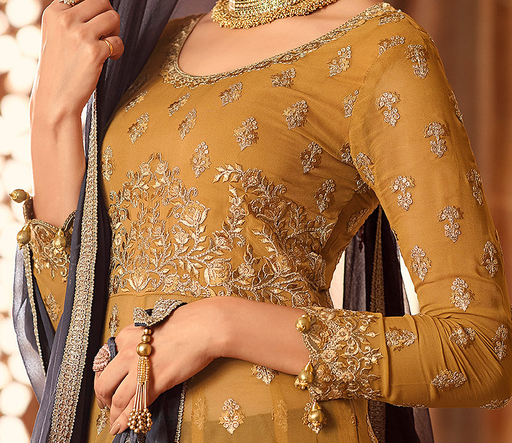 Mustard Yellow & Gray Designer Heavy Embroidered Georgette Anarkali Lehenga-Saira's Boutique