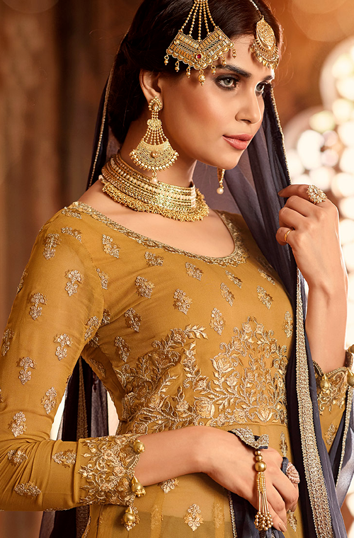 Mustard Yellow & Gray Designer Heavy Embroidered Georgette Anarkali Lehenga-Saira's Boutique
