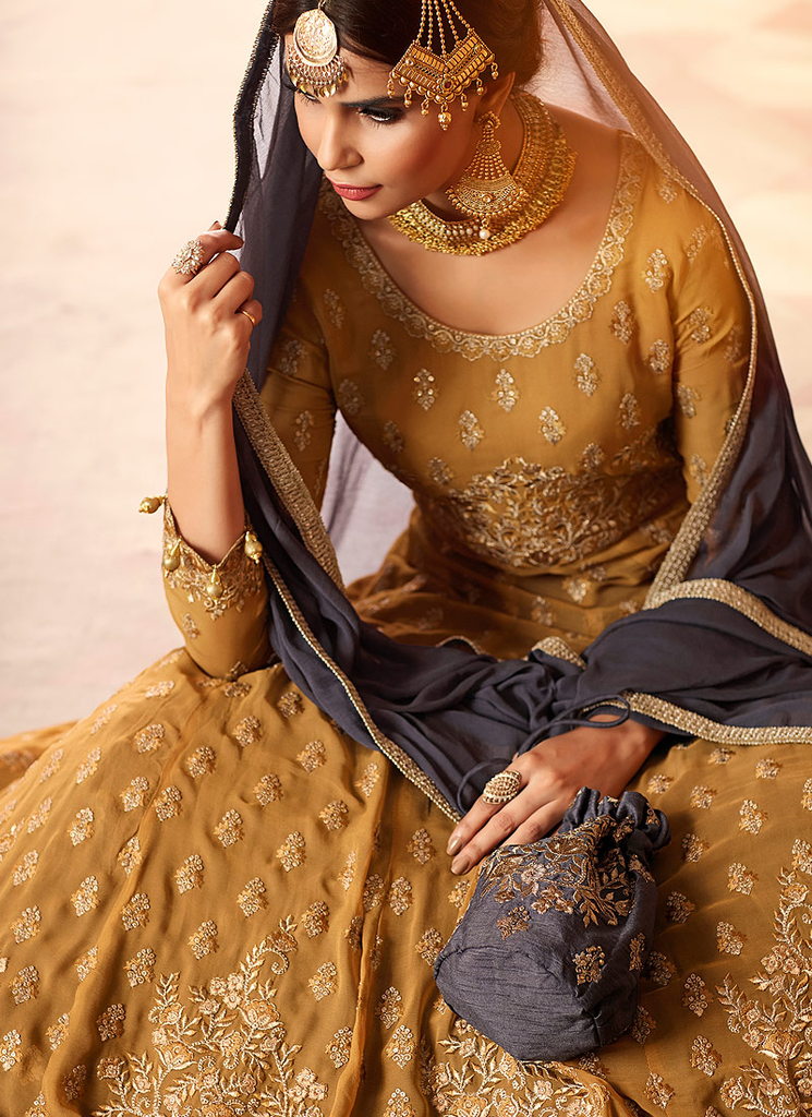 Mustard Yellow & Gray Designer Heavy Embroidered Georgette Anarkali Lehenga-Saira's Boutique