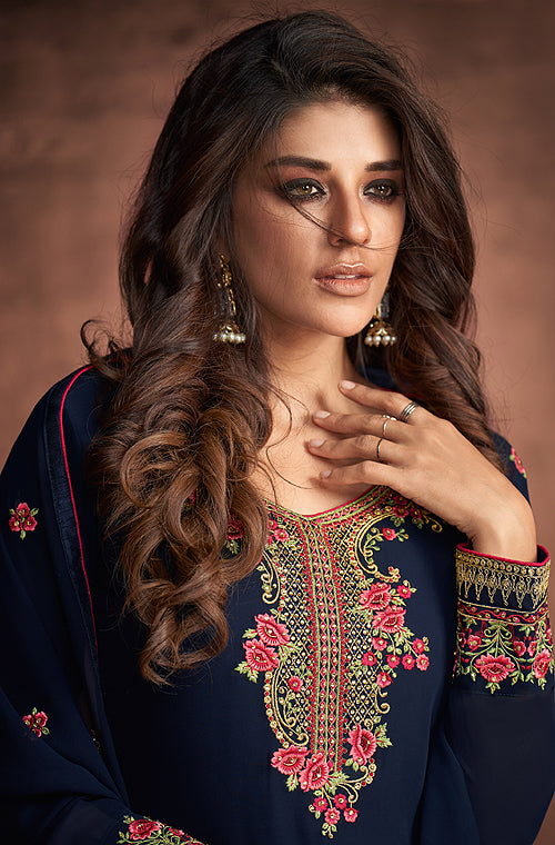 Navy Blue Designer Embroidered Georgette Pant Suit-Saira's Boutique