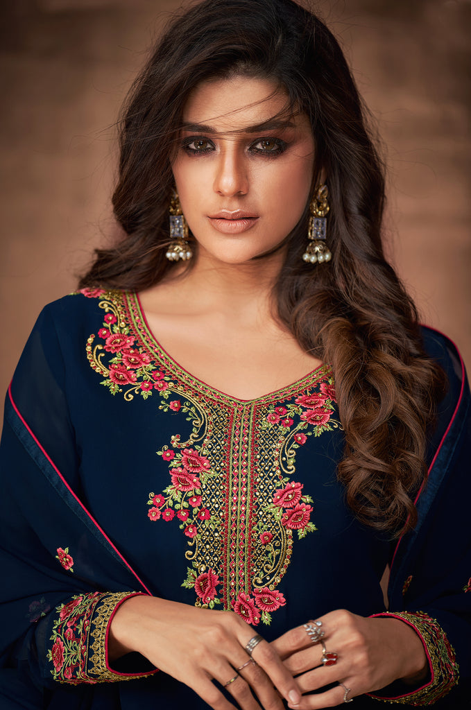 Navy Blue Designer Embroidered Georgette Pant Suit-Saira's Boutique