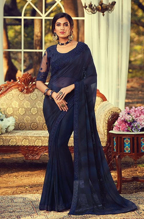 Navy Blue Designer Embroidered Georgette Party Wear Saree