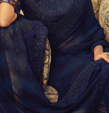 Navy Blue Designer Embroidered Georgette Party Wear Saree-Saira's Boutique