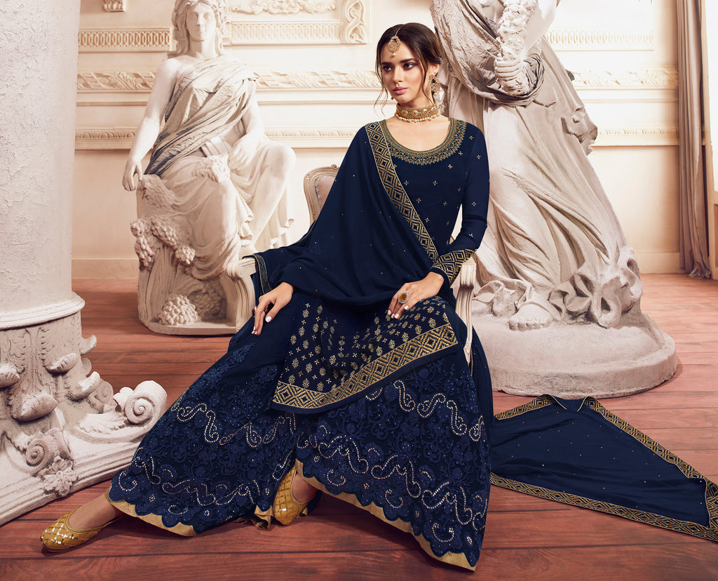 Navy Blue Designer Embroidered Georgette Sharara Suit-Saira's Boutique
