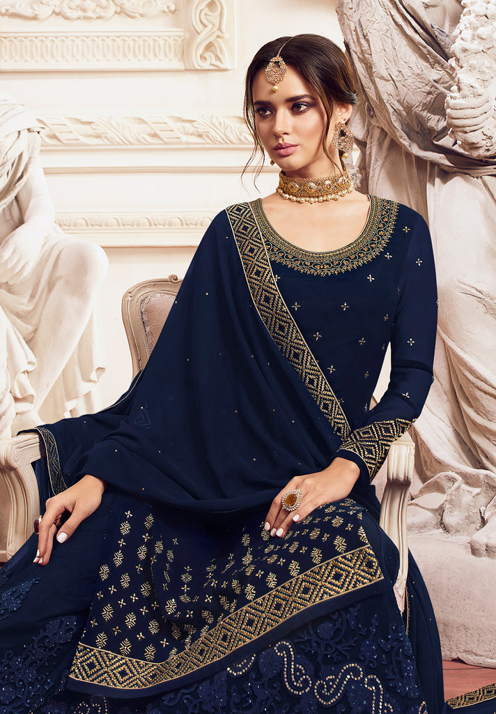 Navy Blue Designer Embroidered Georgette Sharara Suit-Saira's Boutique