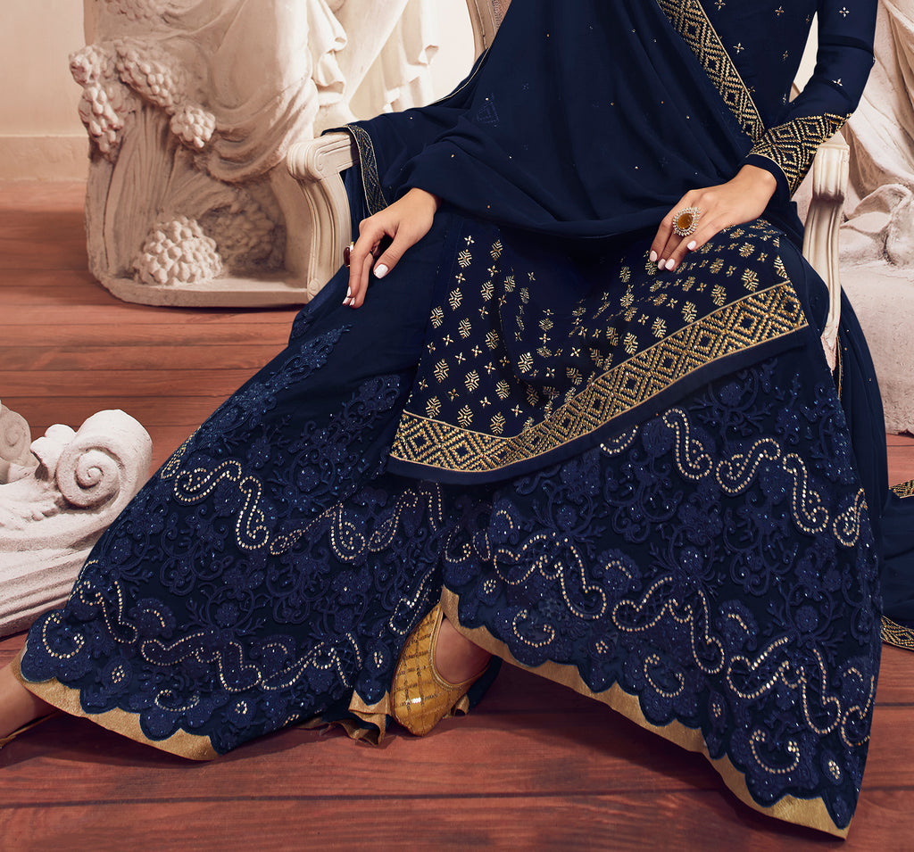 Navy Blue Designer Embroidered Georgette Sharara Suit-Saira's Boutique
