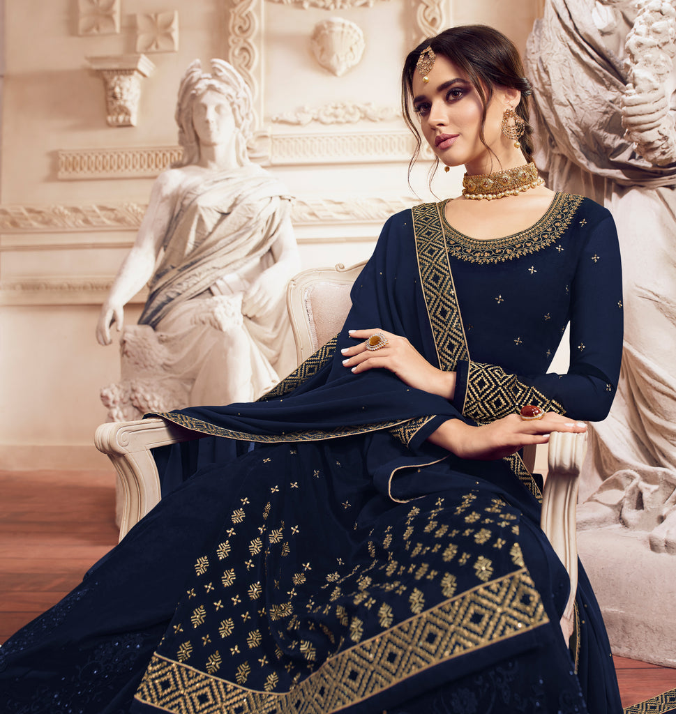 Navy Blue Designer Embroidered Georgette Sharara Suit-Saira's Boutique