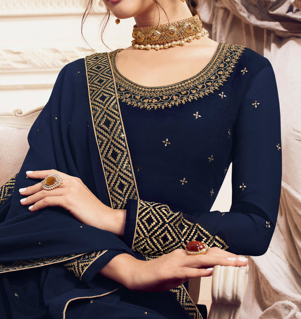 Navy Blue Designer Embroidered Georgette Sharara Suit-Saira's Boutique