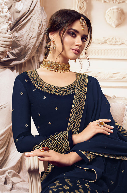 Navy Blue Designer Embroidered Georgette Sharara Suit-Saira's Boutique