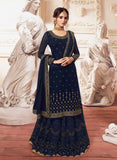 Navy Blue Designer Embroidered Georgette Sharara Suit-Saira's Boutique