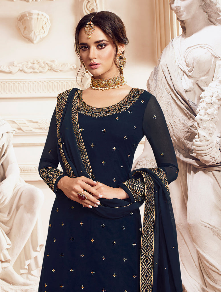 Navy Blue Designer Embroidered Georgette Sharara Suit-Saira's Boutique