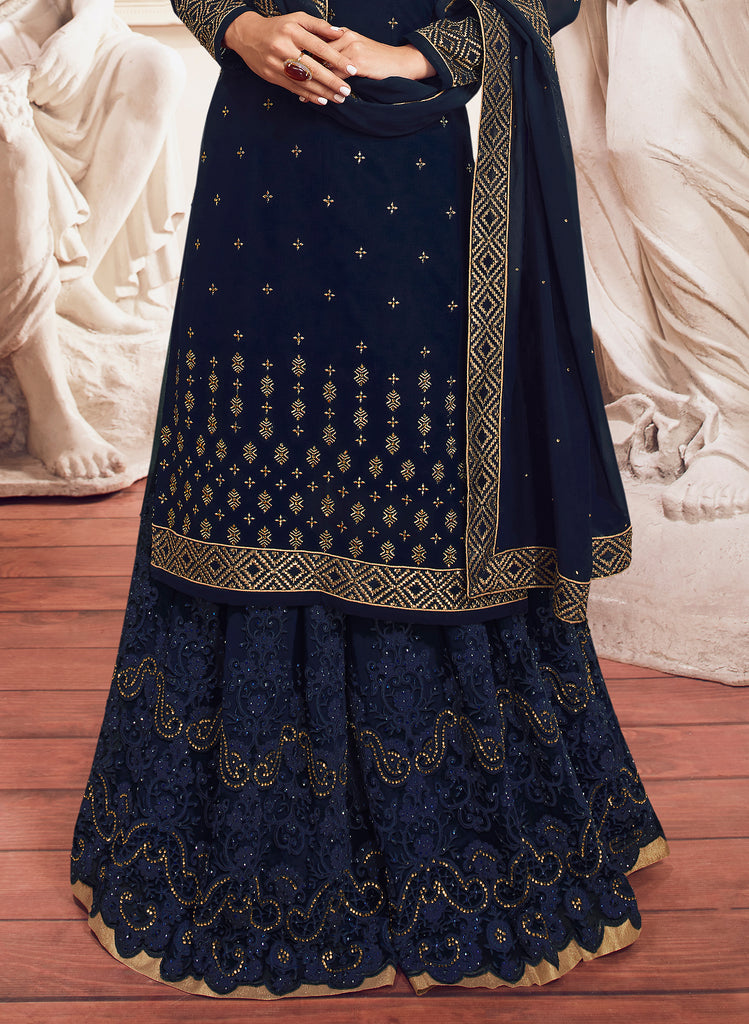 Navy Blue Designer Embroidered Georgette Sharara Suit-Saira's Boutique