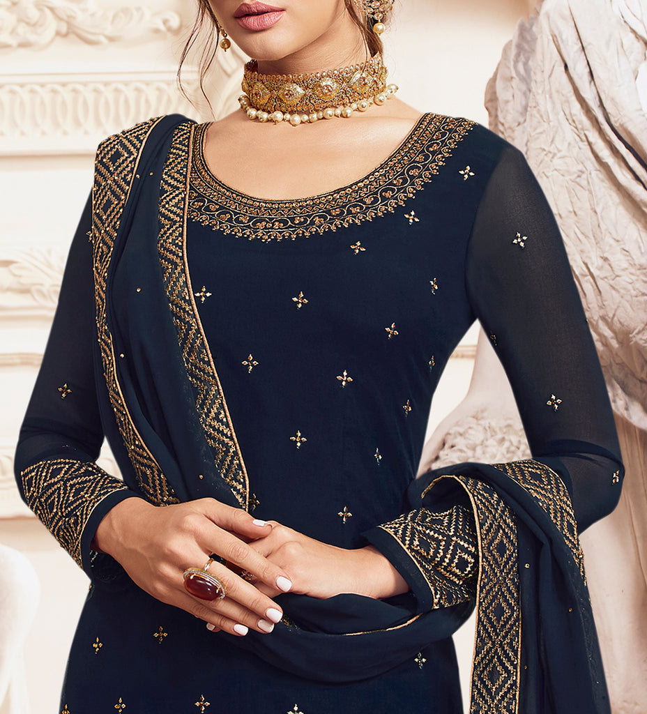 Navy Blue Designer Embroidered Georgette Sharara Suit-Saira's Boutique