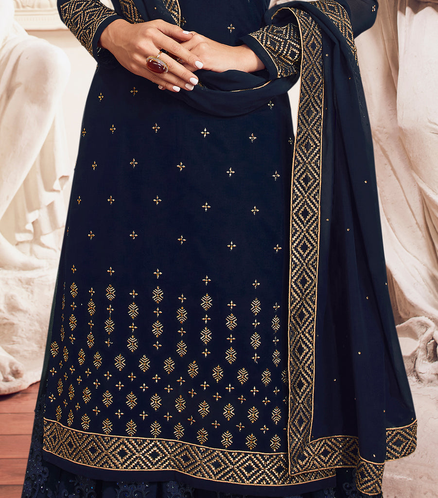 Navy Blue Designer Embroidered Georgette Sharara Suit-Saira's Boutique