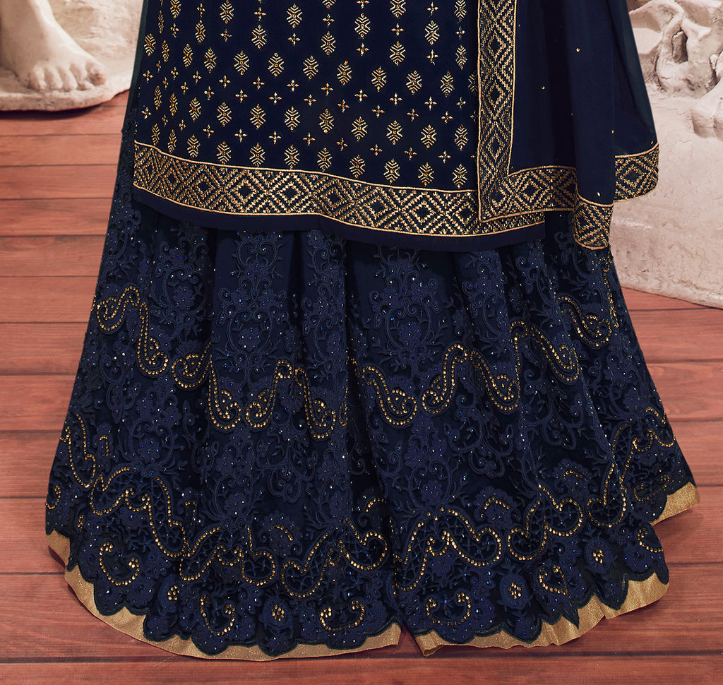 Navy Blue Designer Embroidered Georgette Sharara Suit-Saira's Boutique