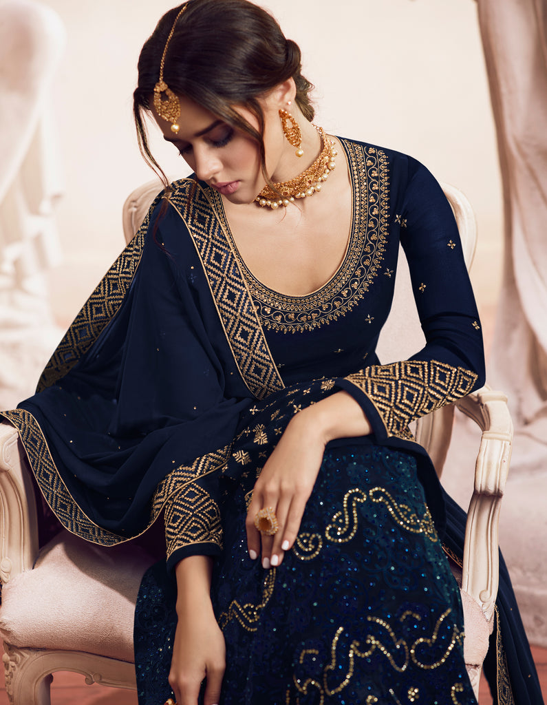 Navy Blue Designer Embroidered Georgette Sharara Suit-Saira's Boutique