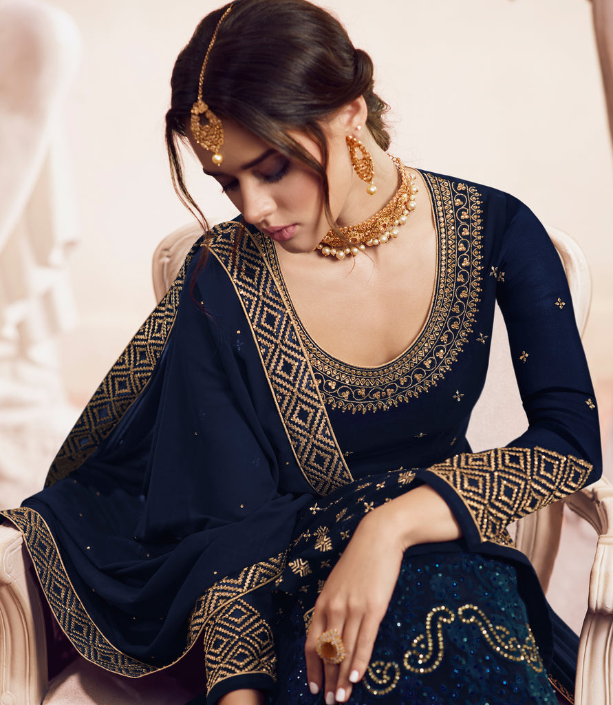 Navy Blue Designer Embroidered Georgette Sharara Suit-Saira's Boutique