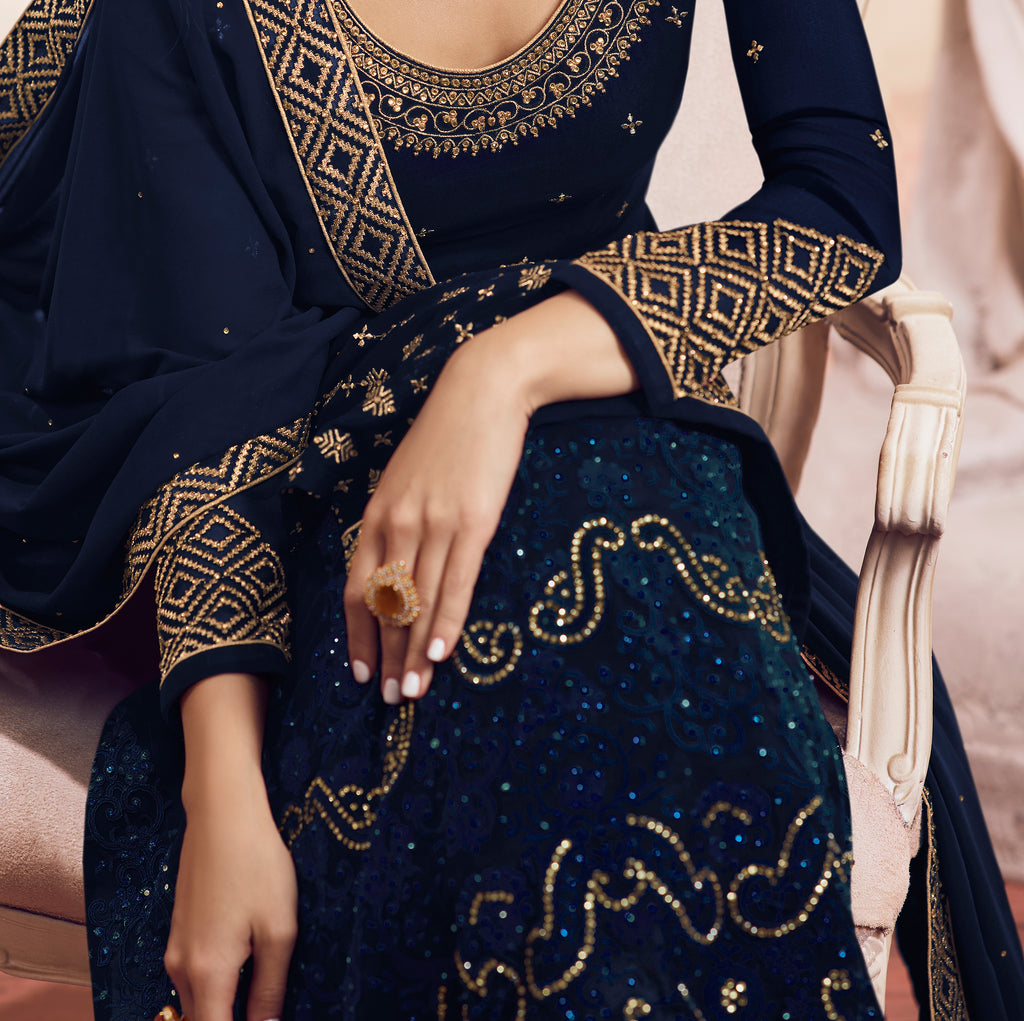 Navy Blue Designer Embroidered Georgette Sharara Suit-Saira's Boutique