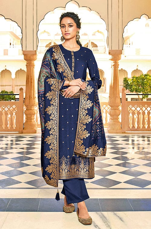 Navy Blue Designer Embroidered Jacquard Party Wear Pant Suit