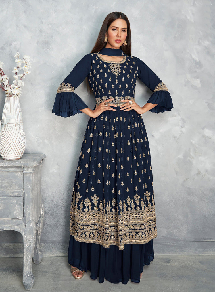 Navy Blue Designer Embroidered Peplum Style Sharara Suit-Saira's Boutique