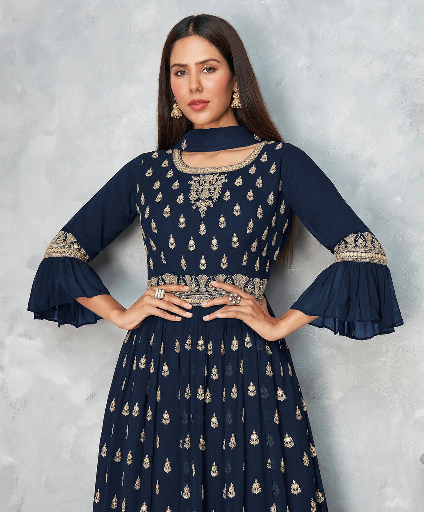 Navy Blue Designer Embroidered Peplum Style Sharara Suit-Saira's Boutique
