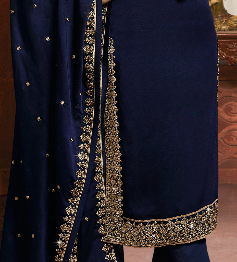 Navy Blue Designer Embroidered Silk Kurti Style Lehenga-Saira's Boutique