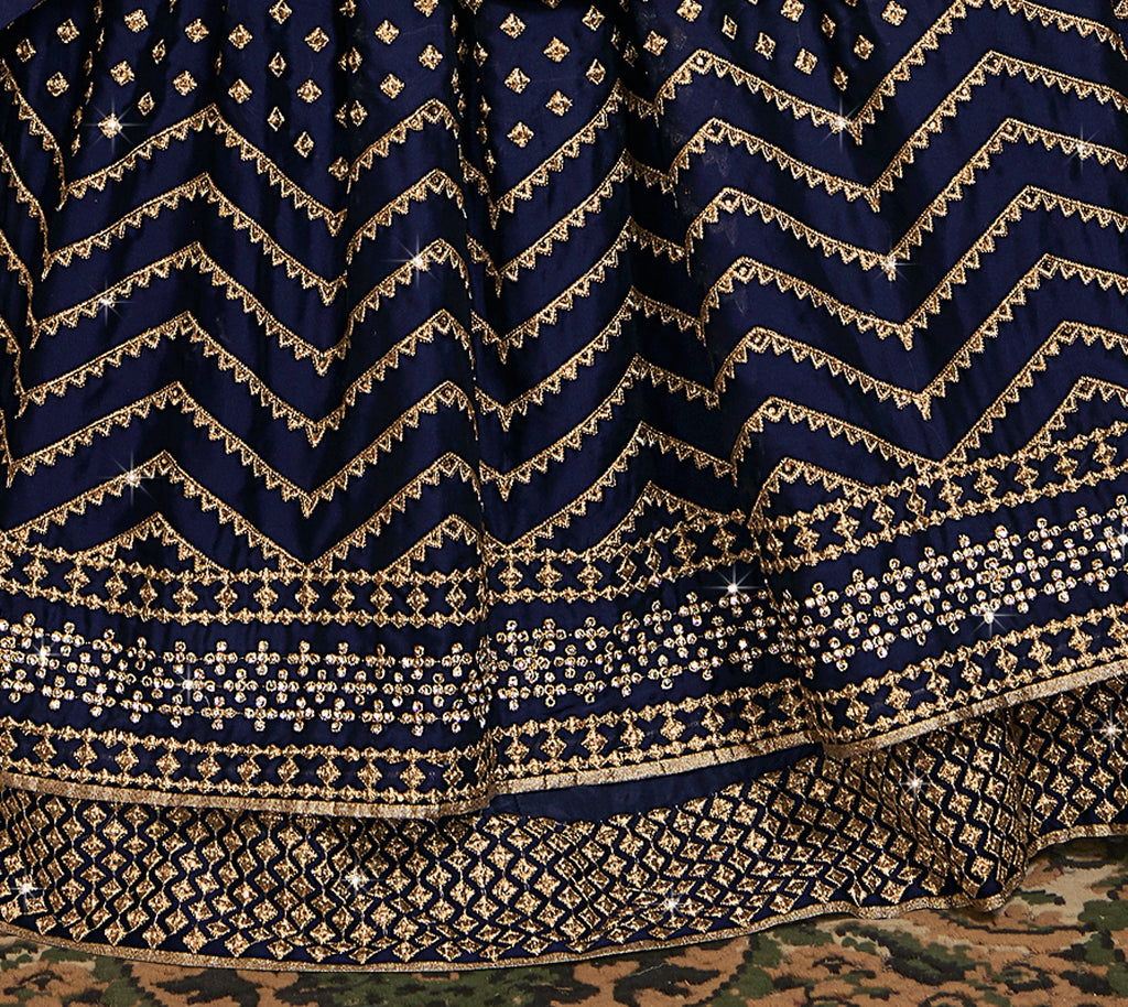 Navy Blue Designer Embroidered Silk Kurti Style Lehenga | Saira's Boutique