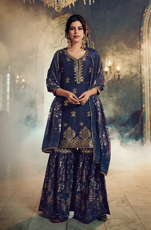 NavyBlueDesignerEmbroideredSilkWeddingGhararaSuit Saira sBoutique