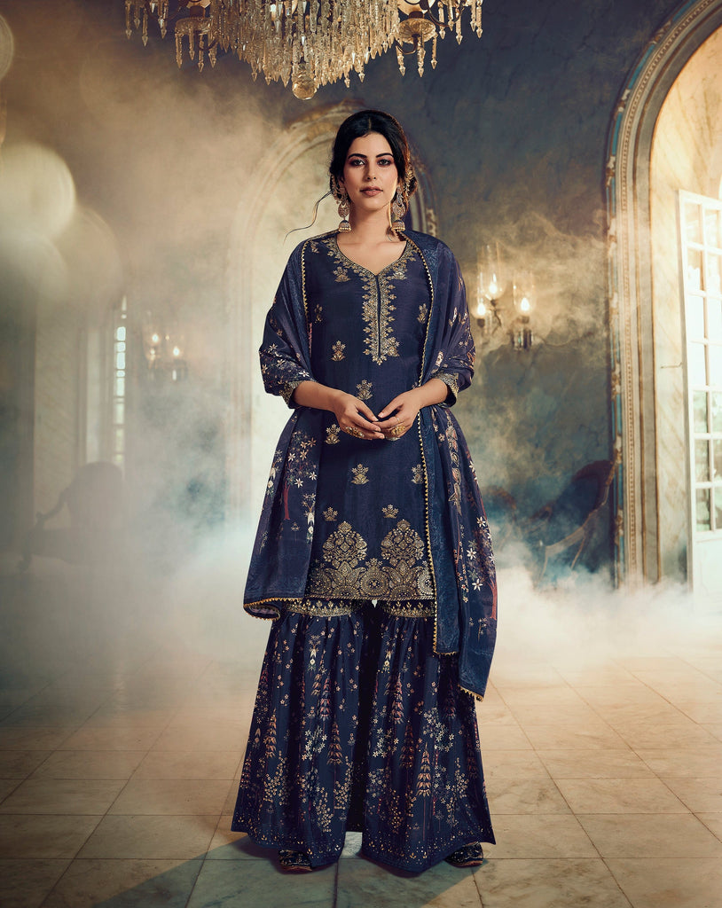 Navy Blue Designer Embroidered Silk Wedding Gharara Suit-Saira's Boutique