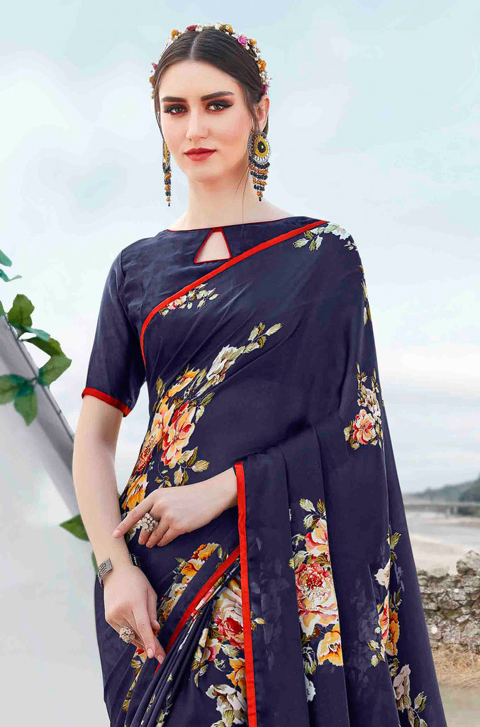Navy Blue Designer Floral Print Fancy Georgette Saree-Saira's Boutique