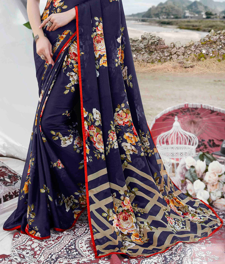 Navy Blue Designer Floral Print Fancy Georgette Saree-Saira's Boutique