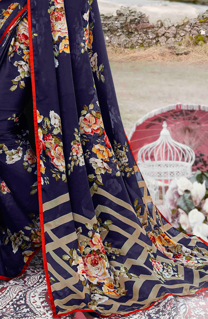 Navy Blue Designer Floral Print Fancy Georgette Saree-Saira's Boutique