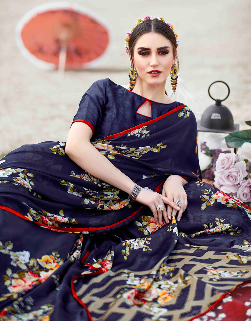 Navy Blue Designer Floral Print Fancy Georgette Saree-Saira's Boutique