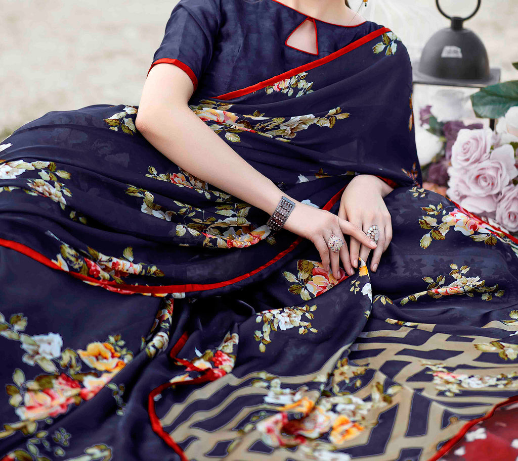 Navy Blue Designer Floral Print Fancy Georgette Saree-Saira's Boutique