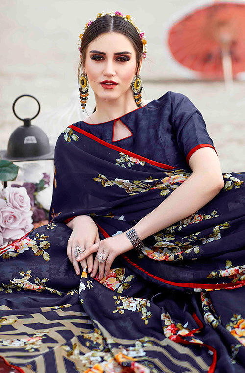 Navy Blue Designer Floral Print Fancy Georgette Saree-Saira's Boutique