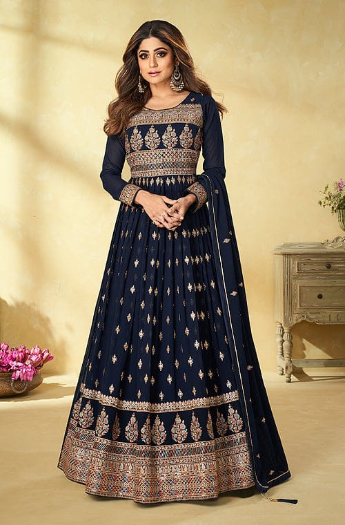 Navy Blue Net Embroidered Designer Gown - Inddus.com