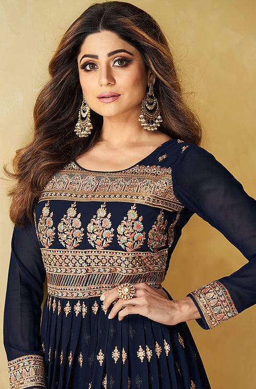 Navy Blue Designer Heavy Embroidered Party Wear Anarkali Suit