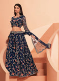 Navy Blue Designer Heavy Embroidered Silk Bridal Lehenga-Saira's Boutique