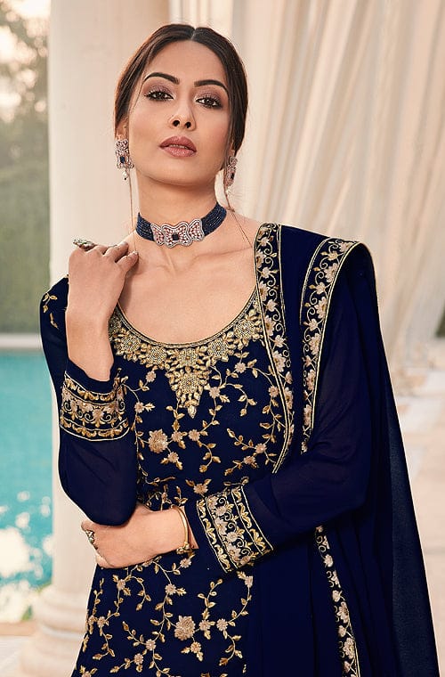 Navy Blue Designer Heavy Embroidered Wedding Sharara Suit-Saira's Boutique