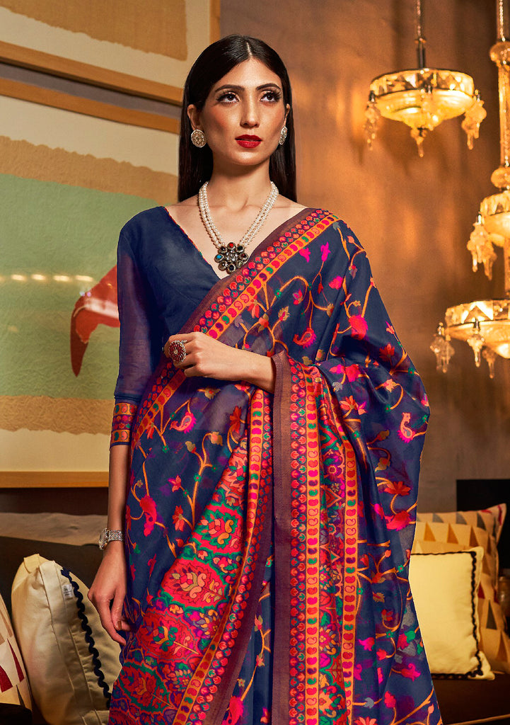 Navy Blue Multicolor Designer Embroidered Silk Wedding Saree