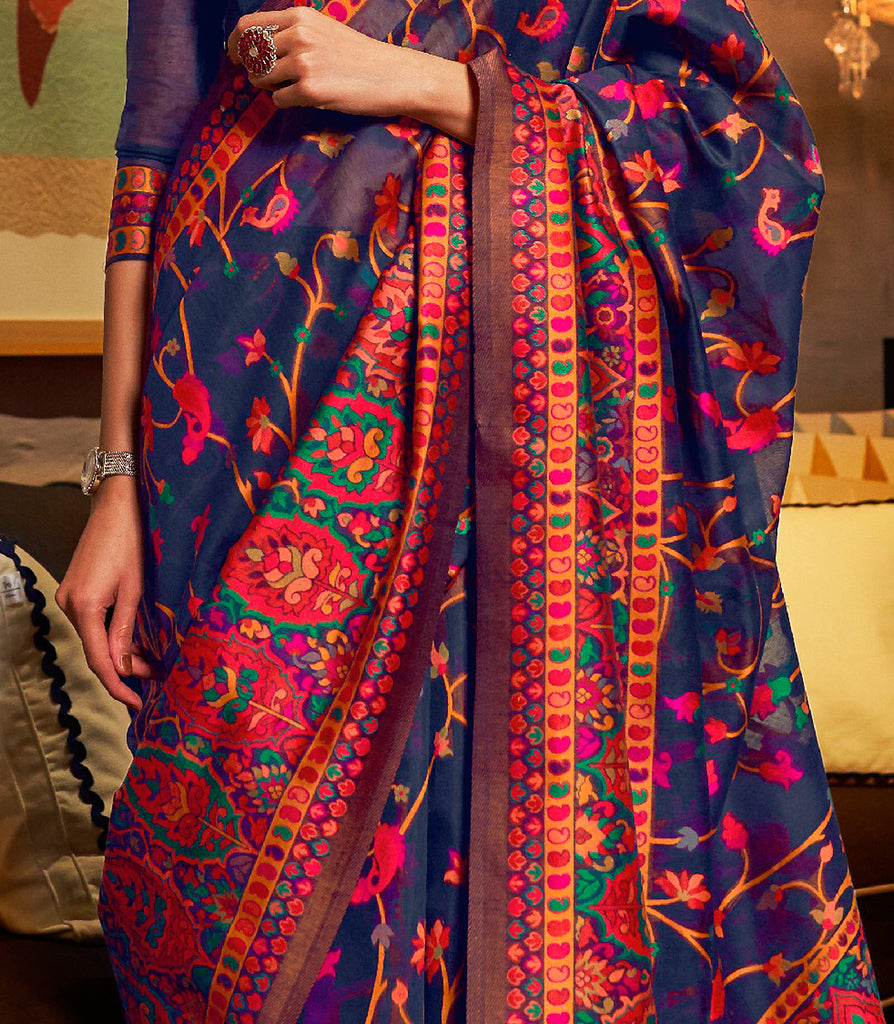 Navy Blue Multicolor Designer Embroidered Silk Wedding Saree-Saira's Boutique