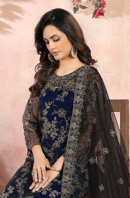 Navy Blue & Black Designer Heavy Embroidered Pant Suit-Saira's Boutique