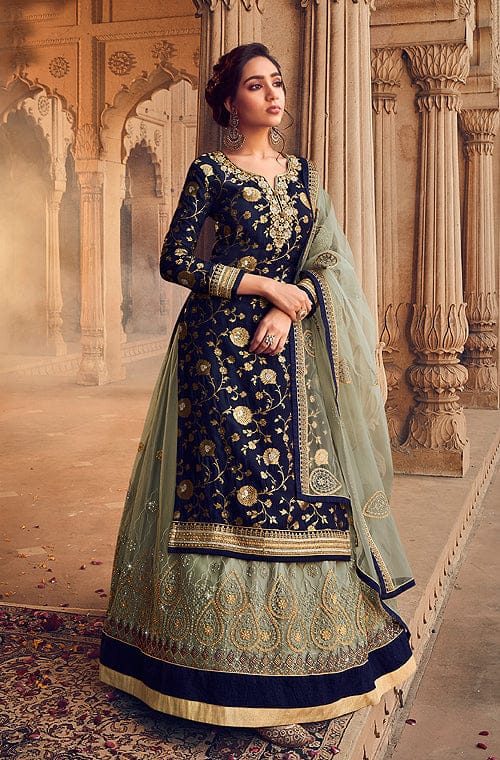 Women Navy Blue Sequence Embroidered Straight Kurta Plazzo With Net Du   Nayo Clothing