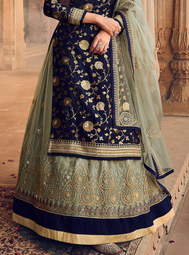 Navy Blue & Sage Gray Designer Embroidered Kurti Style Lehenga-Saira's Boutique