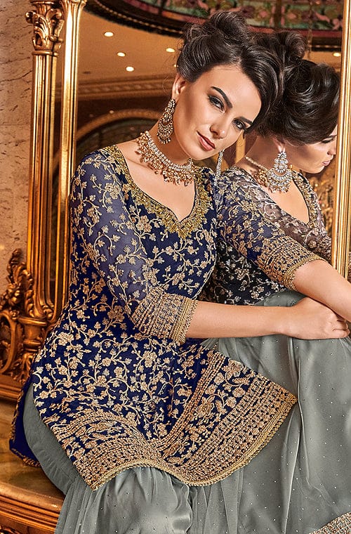 Navy Blue & Sage Gray Designer Embroidered Wedding Gharara Suit-Saira's Boutique