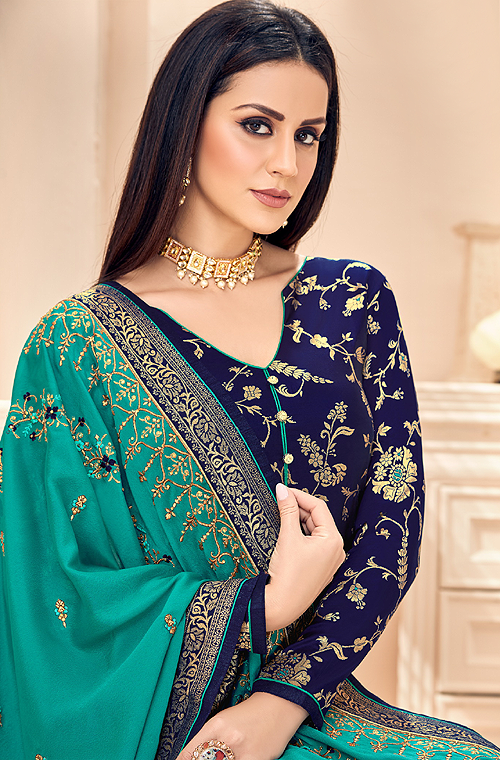 Navy Blue & Teal Designer Embroidered Silk Jacquard Palazzo Suit-Saira's Boutique