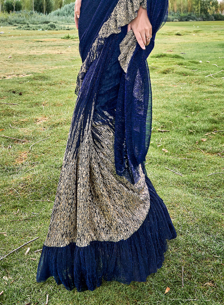 Navy Blue & Beige Designer Embroidered Fancy Party Wear Frill Saree-Saira's Boutique